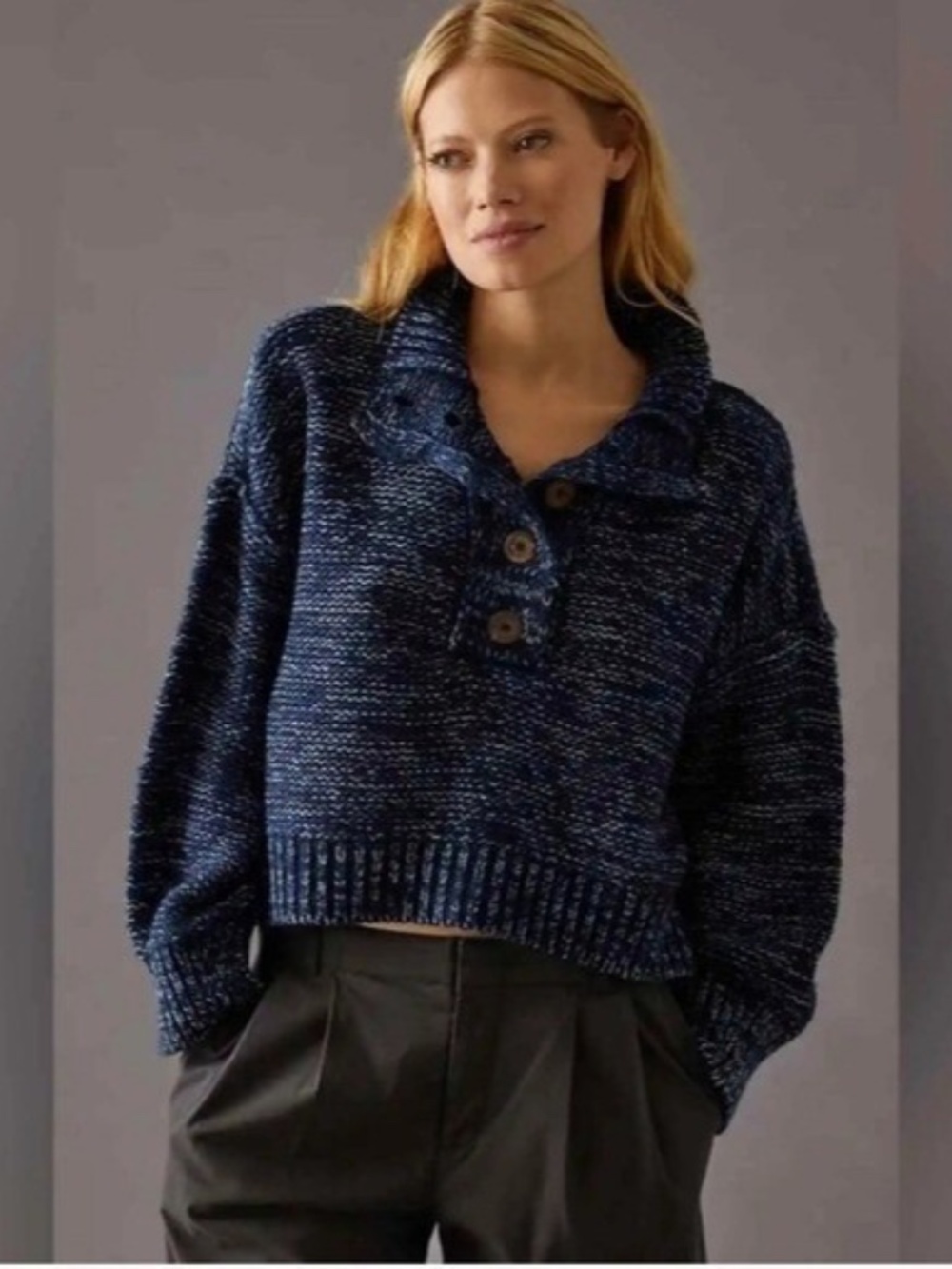 Anthropologie Pilcro Mega Henley Sweater Button Up Blue Heathered Knit